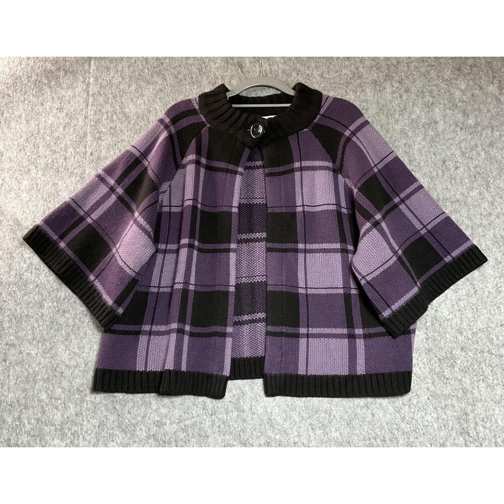 Dressbarn Cape Sweater Women 14/16 Purple Plaid Open Button Knit Acrylic Vintage
